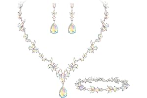 Clearine Wedding Jewellery for Women Bride Bridal Bridesmaid, Crystal Teardrop Marquise Cluster Y-Necklace Tennis Bracelet Dangle Earrings Set