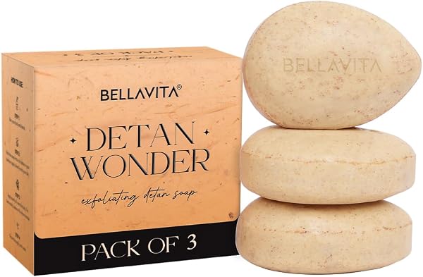 Bellavita De-Tan Wonder Soap | Pack of 3 x 100g | Exfoliating Face & Body Soap for Tan Removal | Enriched with Kojic Acid, Jojoba Oil & Alpha Arbutin | Paraben
