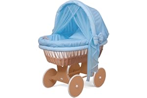 WALDIN BABY COLLECTION WALDIN Cuna Moisés, carretilla portabebés XXL, 54 colores a elegir, madera/ruedas lacado de marrón, color textil azul/a cuadros