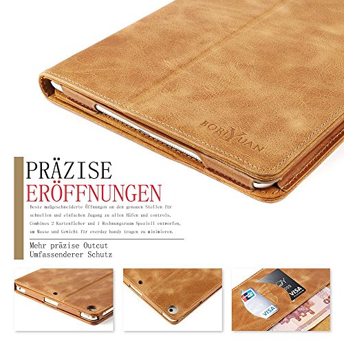 Ipad 9.7 2017 Hülle, Boriyuan Echt Leder Case Schutztasche aus echtem Leder mit Standfunktion, Auto Sleep Wake up und Fach für Kreditkarten, mit Displayschutzfolie + Stylus für das Apple Neu Ipad 9.7 Zoll – (Braun) - 4