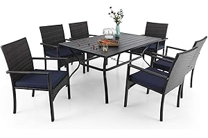 MFSTUDIO 7 Piece Patio Dining Set Including 6 Rattan Chairs with Cushions and 1 Rectangular Metal Slat Table,4cm Umbrella Hole,Outdoor Furniture Set for Garden,Patio,Balcony