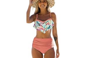 JFAN Costume da Bagno Donna Due Pezzi Bikini A Vita Alta Bottom Increspato Stampa Floreale Halter Ruffle Coordinati Blu L