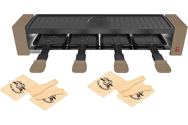 LITTLE BALANCE 8944 Raclette 4 Meuuuh...!, Appareil à raclette, Jusqu'4 personnes, Grill amovible, 4 spatules + 4 planchettes Meuuuh, Sans PFAS, Antiadhésif, 800W, Muscade