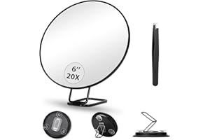 HMGGOOFA 20X Magnifying Mirror and Tweezers, Round 20X Magnification Mirror with Suction Cups and Adjustable Stand, 6inch Magnified Mirror 20X Travel Magnification Mirror, Handheld 20X Makeup Magnifying Mirror