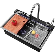 U00c9vier De Cuisine, Cascade, Simple, Avec Robinets Extensibles, En Acier Inoxydable 304, 1 Bac Avec Planche U00e0 Du00e9couper, Panier D'u00e9gouttement