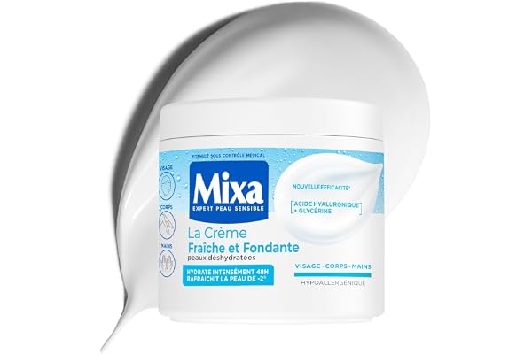 MIXA - Crème Hydratante Multi-Usages - Hydratation 48H & Effet Frais -2° - Acide Hyaluronique, Karité & Amande Douce - Peaux Sèches et Sensibles - Pot 400ml