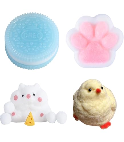 SSKHE 4 PCS Fufu Squishy Set, Kitten Egg Tarts + Caramel Fromage + Rice Ball Cat Paws + Toast, Taba Squishy, Squeeze Toy, Jouets De Soulagement Du Stress Mignons Pour Soulage