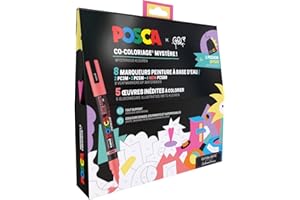 POSCA - Uni Mitsubishi Pencil - Pack Co-Coloriage Mystère 3 pointes 8 couleurs 5 planches Coloriage Mystère à Colorier - 8 Marqueurs Acrylique à Base d'Eau - Pochon Offert