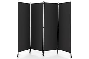 LIFEZEAL Biombo Plegable de 4 Paneles para Interior y Exterior, Divisor de Pie con 10 Ruedas, Pared Tabique, Estructura Metálica, Protección de la Intimidad, Separador de Espacios (Gris)