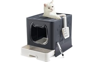 Pawsayes Cat Litter Tray Litter box with Lid for Medium and Small Cats, Foldable Top Entry Kitten Litter Box with Drawer Pan and Scoop