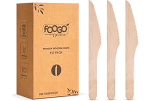 FOOGO Green 150pcs Couteaux en Bois Jetables, Certifiées FSC®, 16cm, Écologique Compostable, Fête Pique-nique, Set de Couverts en Bambou pour Apéritifs