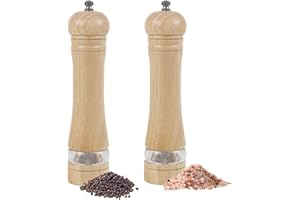 ManGotree Pepper Mill & Salt Grinder Set | Natural Solidwood with Acrylic Visible Window | Adjustable Coarseness – Perfect for Gourmet Cooking, 8.5 Inch, 2 Pack (Natural)