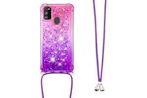 LEMAXELERS Funda con Cuerda para Samsung Galaxy A21S,Carcasa Samsung Galaxy A21S,Brillante Brillo Liquida Quicksand de Cuello Cadena Carcasa Transparente Silicona TPU Case con Collar Correa,YB GS Pink Purple