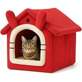 Kedi Evi Yumuşak Kedi Yatağı | Peluş Derin Uyku Evi, &Ccedil;ıkarılabilir Minderli, Isı Yalıtımlı Kışlık Ev | Katlanır Kedi Evi (Kır