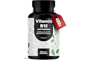 ‎BLOOM NATURALS BEAUTY SUPPLEMENTS Vitamin B12 hochdosiert - 400 Tabletten mit 500µg Vit B12 + 200µg Folsäure - zertifiziert Laborgeprüft - Vegan & Produziert in Deutschland - Verpackung kann variieren