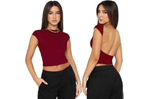 Arkim Top Dos Nu Femme [Matériaux Améliorés] Y2K Backless Top T-Shirts, Sexy Haut Dos Nu Tops Femme Ete, T-Shirts à Manches Courtes Femme Style Réversible