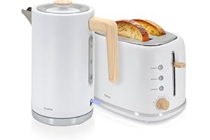 briebe Nordic Ensemble Grille Pain 2 Fentes Tranches Larges, 6 Niveaux de Dorage + Bouilloire Électrique 1,7 L sans Fil, 2200 W, sans BPA, Pack Petit Déjeuner Électroménager, Design Nordique, Blanc