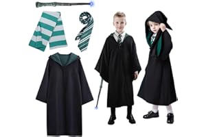 Amycute Costume Magicien, Déguisement Cosplay Sorcier, Magique Cape avec Cravate, écharpe et Baguette Unisexe Uniforme Collège Robe de Magicien pour Halloween Carnaval Costumé