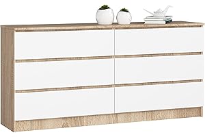 ‎AKORD AKORD Kommode K-160 mit 6 (2 x 3) Schubladen | für das Wohnzimmer Schlafzimmer Schrank Büro Arbeitszimmer | Modernes Funktionales Design | B160 x H77 x T40 cm, Gewicht 70 kg | Sonoma Eiche/Weiß