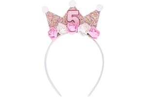 Onperpoe Corona de cumpleaños de 5 años, corona de cumpleaños para niñas, 6 años, corona brillante, cumpleaños con perlas y flores rosas, corona de cumpleaños, diadema para bebé, niños, fiesta de