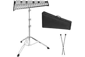 BQKOZFIN 32 Notes Foldable Glockenspiel Xylophone Bell Kit, with Iron Base and Adjustable Height Music Stand, 2 Mallets, Carrying Bag, Professional Percussion Instrument (Black)
