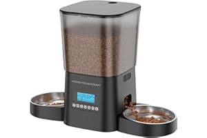 HoneyGuaridan Comedero Gato Automatico 2 tazones, Dispensador Comida para 2 Gatos y Perros con Temporizador, Alimentador Automatico Gatos Grabadora de Voz, 1-6 Comidas/día