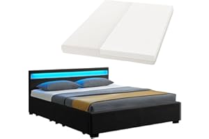 ‎JUSKYS Juskys Polsterbett Lyon 140x200 cm mit Matratze, Bettkasten, LED Beleuchtung, Lattenrost & Kopfteil, schwarz, Bett Bettgestell Jugendbett Einzelbett