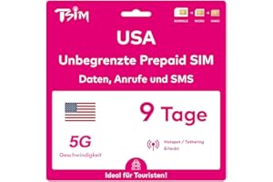 TSIM USA SIM-Karte 9 Tage. T-Mobile-Netz mit unbegrenztem Highspeed-Datenvolumen in 5G/4G/LTE | Unbegrenzte Anrufe und SMS innerhalb der USA (einschließlich Hawaii). 5G SIM-Karte!