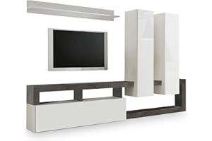 Web Convenienza Parete TV Hamburg Bianco Lucido Attrezzata - Mobile Televisore in Legno con Pensili ad Ante a Ribalta Moderno (2 Pensili, Ossido)