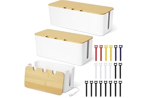 VOTOKO 3 Stück Kabelbox Weiß, Kabelmanagement Box, Kabel Box mit Holzdeckel, Cable Management Box mit 20 bunten Kabelbindern zur Aufbewahrung, zum Verstecken und Ordnen von Kabeln in Groß, Mittel und Klein