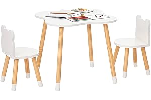 HOMCOM Set Tavolino per Bambini e 2 Sedie, Tavolo per Bambini 1-4 Anni e Sedie a Orsetto in Legno per Cameretta, Bianco