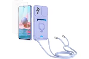Kaslly Funda con Cuerda para Redmi Note 10 4G/Note 10S+[2 Pack Protector Pantalla],Case con Ranura para Tarjetas,Cubierta de Cámara Deslizante Proteger,Doble Cara Protección-Púrpura
