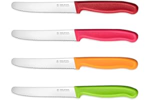 targzier Tomato Knives,Set of 4,Stainless Steel Utility Knifes,Serrated Kitchen Knife,Multicolor Fruit Knives,Tomato Knife&Small Bread Knife,Robust Plastic Handle,Red&Pink&Orange&Green