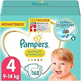 Pampers Baby Windeln Größe 4 (9-14kg) Premium Protection, 168 Stück, MONATSBOX, Pampers Weichster Komfort Und Schutz