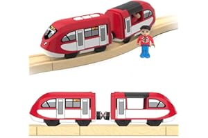 TOPLIVING Tren de tren eléctrico de locomotora de madera, tren de locomotora alimentado por batería, potente tren motor compatible con Brio, Thomas, juguetes para niños pequeños