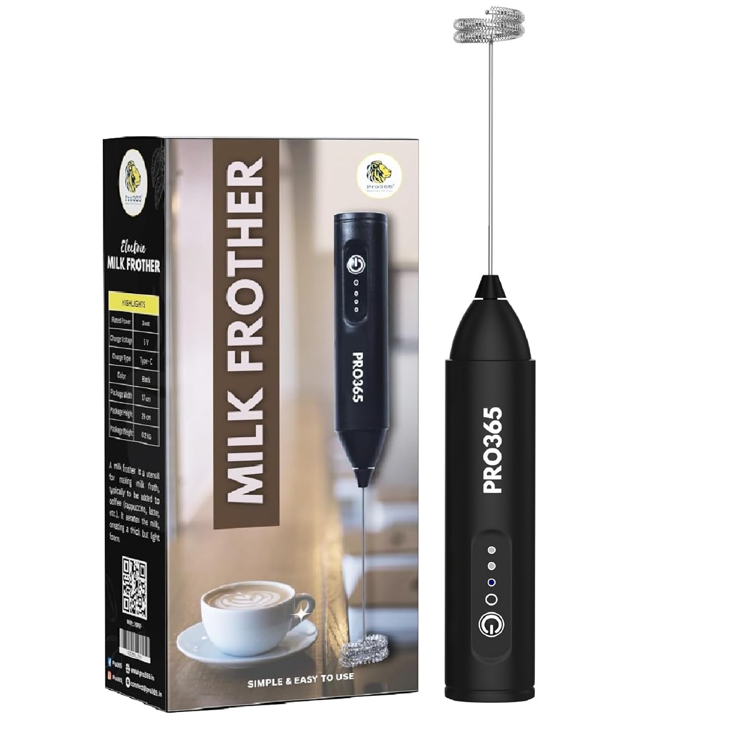 PRO365 Quick Charge Portable 3-Speed ​​USB Electric Frother Dual Spring Stirrer Stainless Steel for Lattes, Creamy Drinks, Co