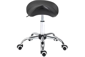 HOMCOM Tabouret à roulettes, Tabouret de Massage avec Hauteur réglable 49-61 cm et Selle Ergonomique, Chaise de Travail à roulettes pivotant 360°, pour Salon de Massage, Tatouage, Clinique, Spa, Noir