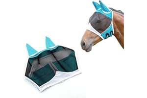 Andiker Soft Mesh Horse Fly Mask with Ears, Breathable Horse Face Mask Protect Eyes and Face (Green, Medium)