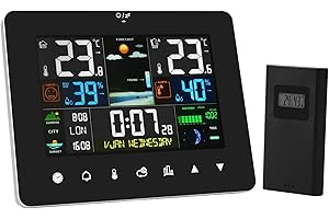 OFFCUP Wireless Weather Station with Sensor, Radio Controlled, Indoor Outdoor Temperature Thermometer, Humidity, Barometric Pressure, Sunrise/Sunset Times