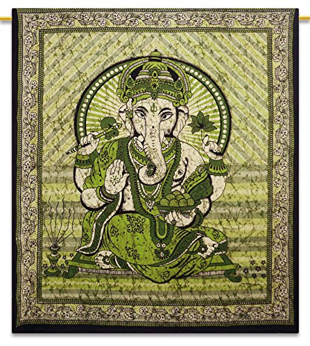 Lord Ganesha Wandbehang Indian Cotton Tapestry Königin Grün Décor Werfen 92X 82 Zoll