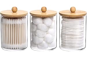Tbestmax 10 Oz Cotton Swab/Ball/Pad Holder, Qtip Apothecary Jar, Clear Bathroom Containers Dispenser for Storage 3 Pack Wood Lids