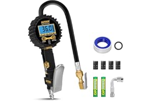AUTDER Medidor de Presión de Neumáticos Digital con Pantalla LCD, 250 PSI, Inflador 3-en-1, Manguera de Goma Resistente y Acople Rápido – Para Coches, Camiones, Motocicletas, Bicicletas, Negro