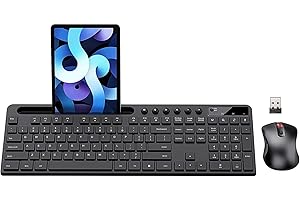 MARVO Wireless Keyboard and Mouse Set, 2.4G Wireless US Computer Keyboard with Phone/Pad Tablet Holder, Silent Mouse with 6 Button, Compatible with MacBook, Windows (Black)
