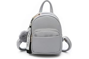 Katech Petit Sac à Dos Femme, Cuir PU Mini Sac à Dos pour Femme avec Pendentif Boule de Peluche, Petit Sac À Main pour Ados Filles Dames Femmes (Gris)