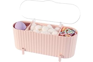 CGBE Qtip Holder, Plastic Cotton Ball Pad Holder Cotton Swabs Dispenser with Lid, 3 Compartments Make Up Organiser Beauty Storage Bathroom Canisters, Pink
