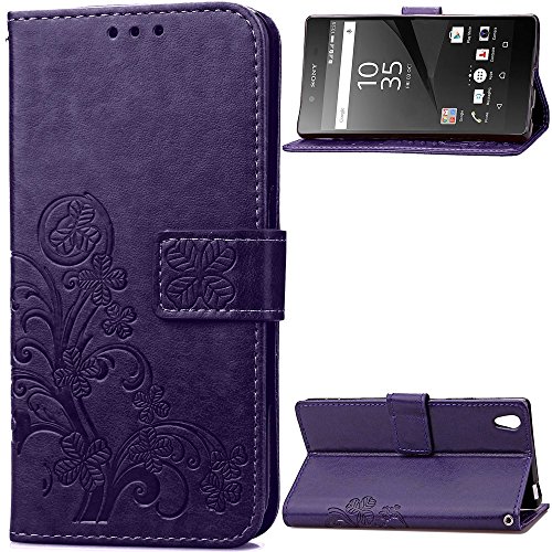 spécification Meet de Trèfle chanceux gaufrage Folio Case pour Sony Xperia Z5 PU Housse / Wallet / flip étui / Pouch / Case / Holster / Wallet / Case / en cuir Wallet Style de couverture de cas Coque pour téléphone portable Étui Porte-monnaie en cuir étui de téléphone - pourpre