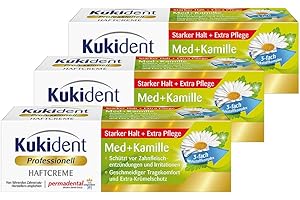 Kukident Crema adhesiva Med+limpiador dental de manzanilla para terceros, paquete de 3 unidades (3 x 40 g)
