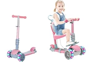 NUKDEY Monopattino per Bambini 5-in-1 Con Sedile Estraibile, 3 PU Ruote Lampeggianti, Manubrio Regolabile in Altezza, Facile da Guidare, Schienale Comodo, Pieghevole Monopattino per Bambini 1 a 6 Anni