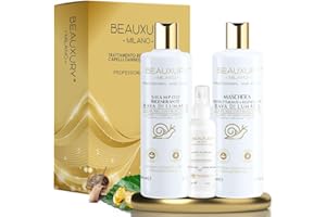 Beauxury Milano Kit Ricostruzione Professionale Shampoo, Maschera e Siero con Bava di Lumaca e Acido Ialuronico per Capelli Crespi e per Danni da Tintura e Decolorazione