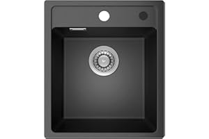 ANYCEE Lavello Cucina Nero 40x46 cm, Lavello in Granito con 80% Sabbia di Quarzo, Lavandino Cucina 1 Vasca Adatto per Mobile da 40cm, con Sifone e Scarico